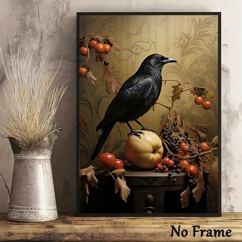 Raven perched on fruit with autumn decor.