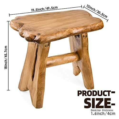 Rustic wooden stool with product dimensions.