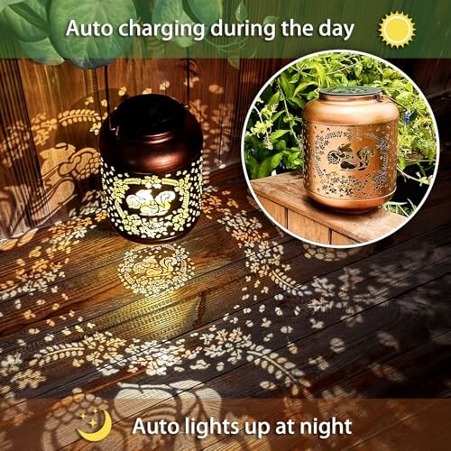 Decorative solar lantern with floral patterns, charges during day and lights up at night.