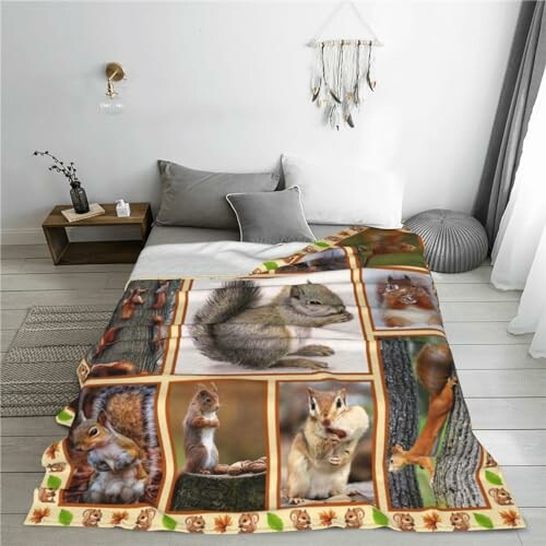 Bedroom with a squirrel-themed blanket on the bed and minimalist decor.