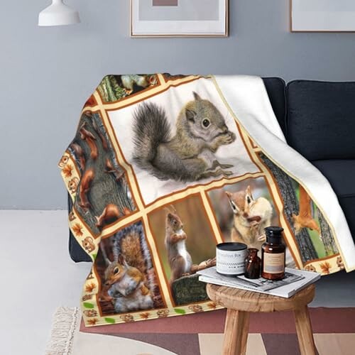 Squirrel-themed blanket on a sofa with a small table and decor.