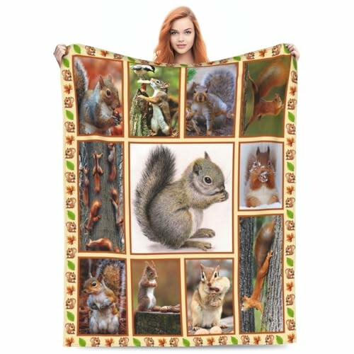 Person holding a blanket with various squirrel images.