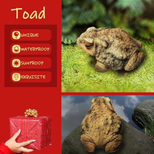 Decorative toad figurine on grass and rock.