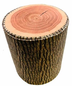 Wooden tree stump stool with bark texture