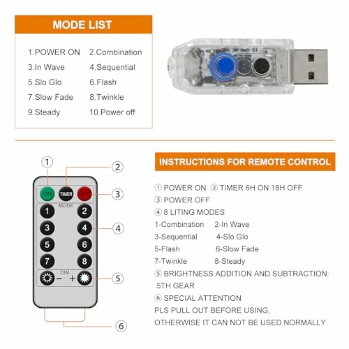 USB remote control with mode list and instructions.