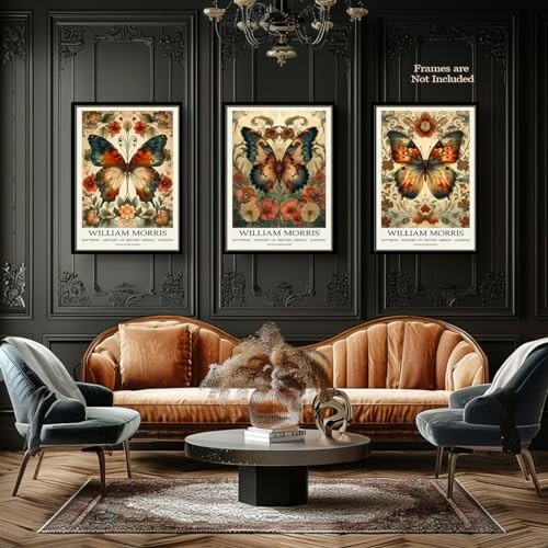 Sophisticated living room with vintage butterfly wall art and elegant furniture.