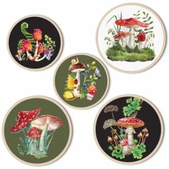 Vintage illustrations of various mushrooms on circular backgrounds.