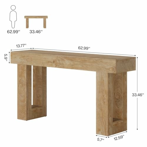 Wooden console table with dimensions and design diagram.