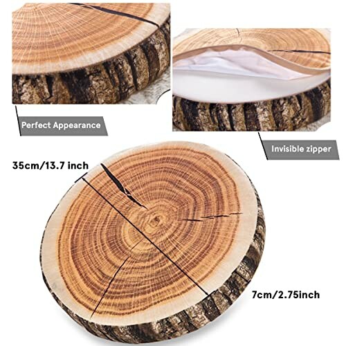 Round wooden log slice cushion with zipper detail.