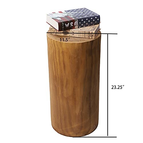 Wooden cylindrical stool with books on top, dimensions 11.5 inches by 23.25 inches.