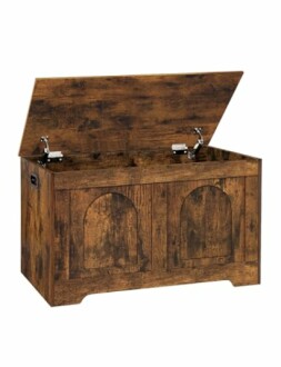 Open wooden storage chest with rustic design