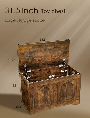 Wooden toy chest with lid open, showing dimensions.