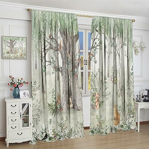 Curtains with woodland animal and tree design in a room.