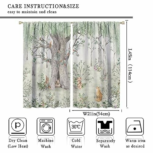 Woodland themed kitchen curtains with care instructions.